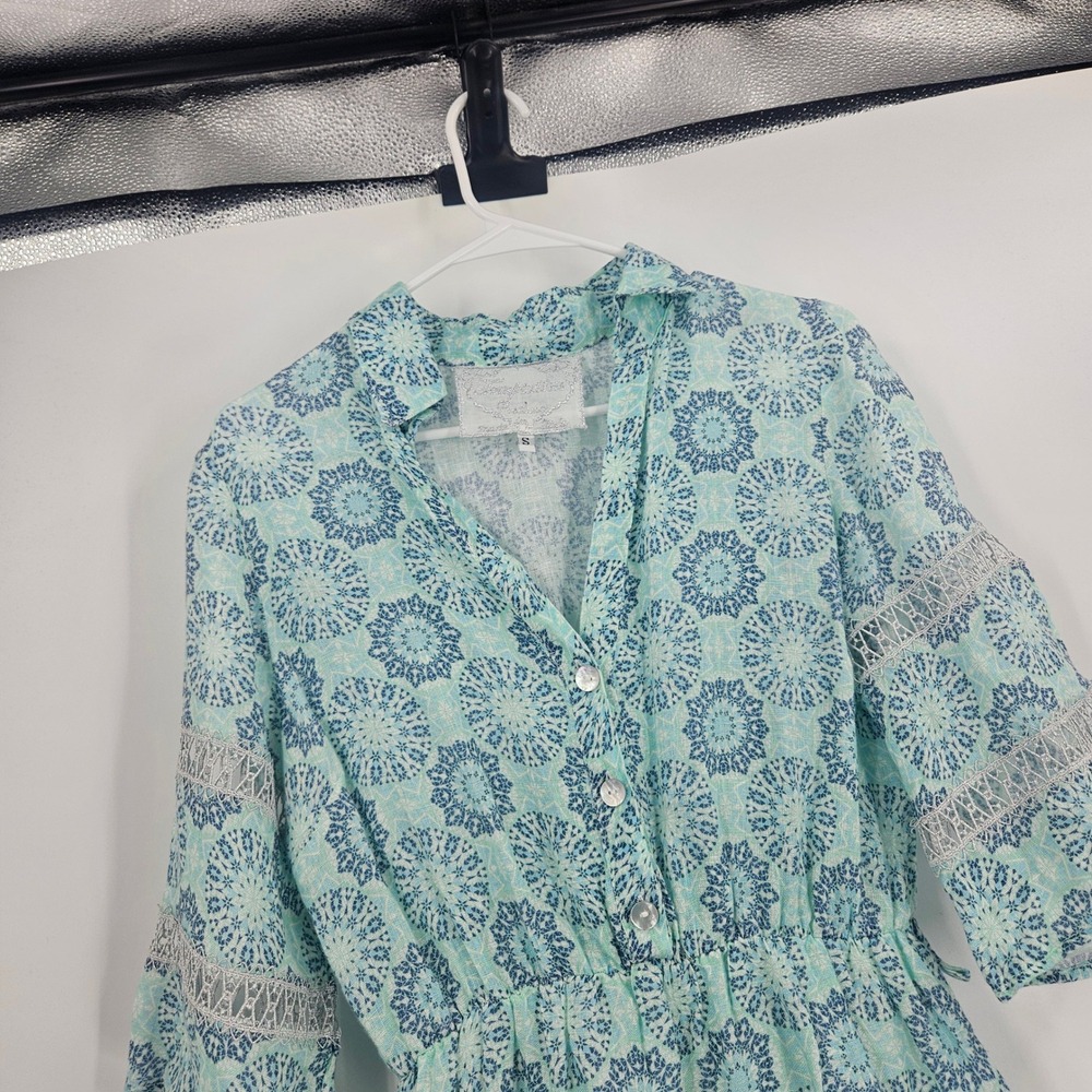 Temptation Positano Puebla Linen Dress Green Blue Medallion Lace Trim Mini Sz S - Picture 5 of 13